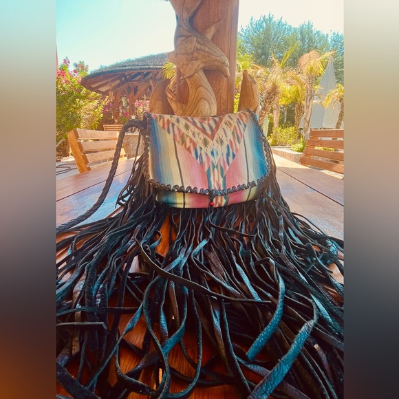 $770~TOTEM SALVAGED Western Saltillo Serape Leather Fringe Crossbody Purse - Picture 2 of 14